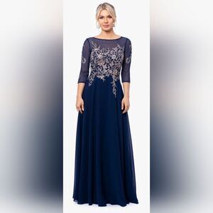 Betsy & Adam Brooklyn Embroidery 3/4 Sleeve Dress NWOT sz 6 Navy Blue and Gold